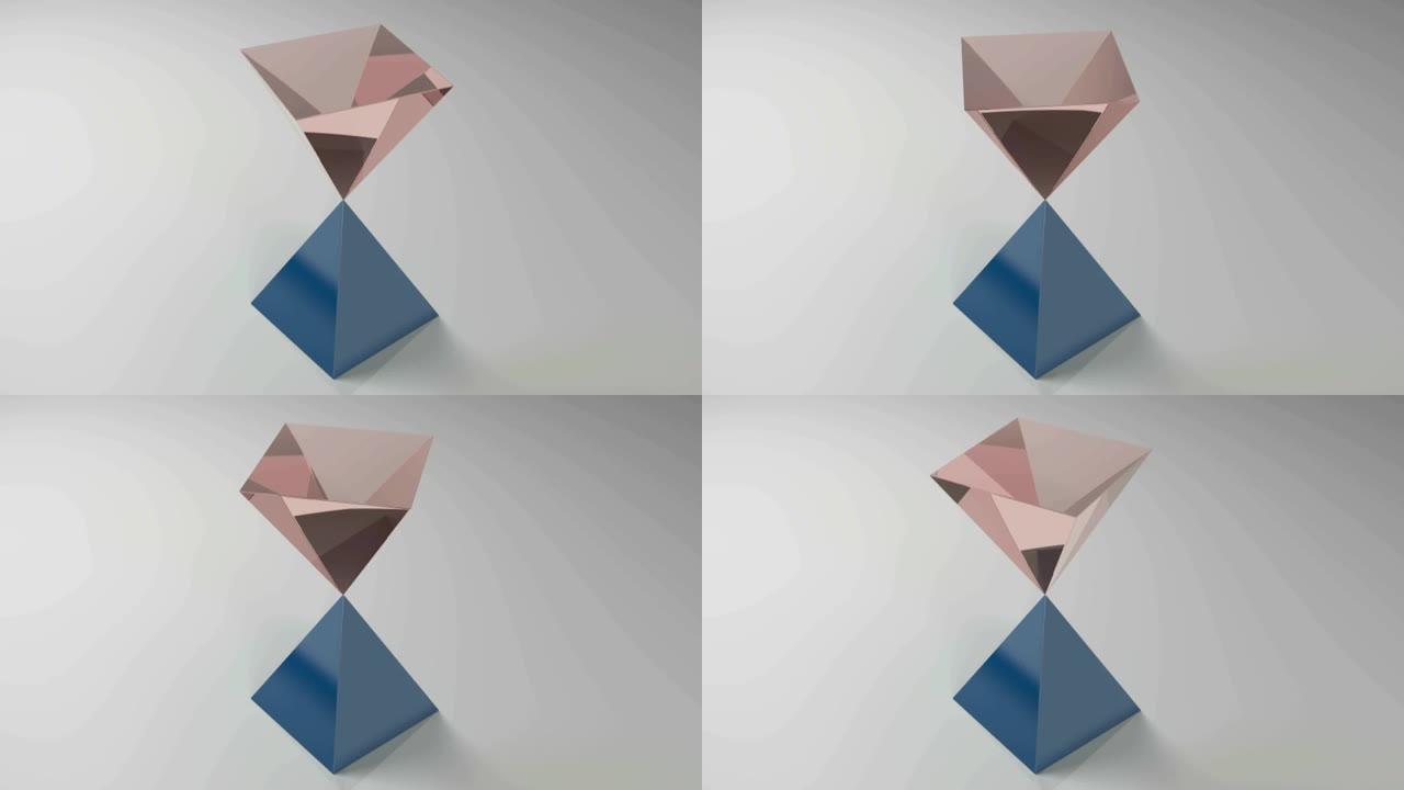 红色玻璃金字塔自上而下超过蓝色金字塔-3D渲染视频剪辑