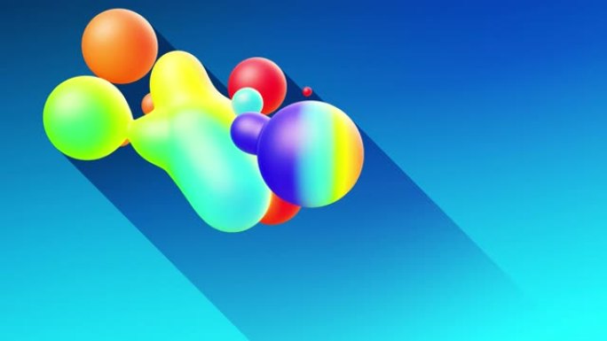 具有流行的渐变颜色的多色球或气泡和地下辉光材料在空气中飞行，就像水滴metaballs，球体投下长长