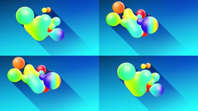 具有流行的渐变颜色的多色球或气泡和地下辉光材料在空气中飞行，就像水滴metaballs，球体投下长长