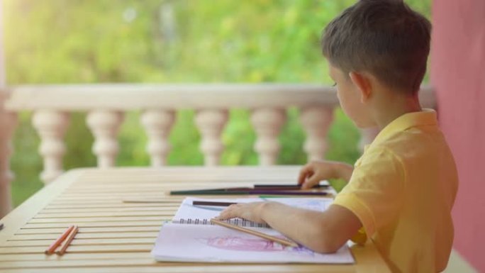 可爱的小男孩在木桌上画在他的相册里
