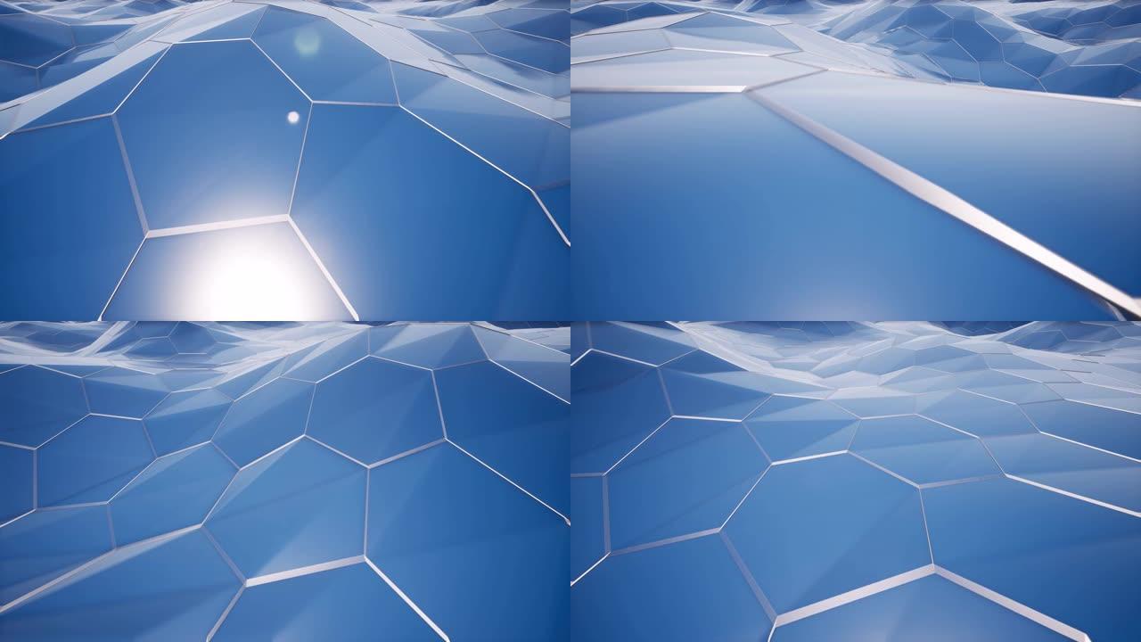 六边形形状蓝色表面运动无缝动画。网络空间细胞3d视频。抽象网状环形多边形镜头。十字线和蜂窝。波涛汹涌