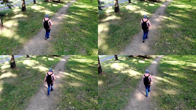 年轻美丽的女人在秋天公园的树木中漫步，空中射击，无人机视频