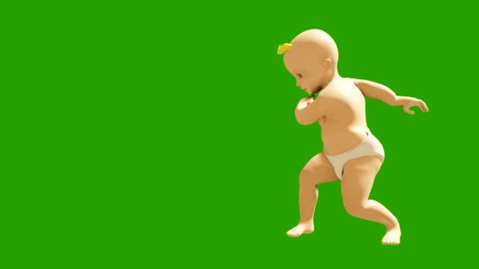 一个小孩在绿屏上跳舞。小型跳舞儿童的3D渲染动画。循环动画。