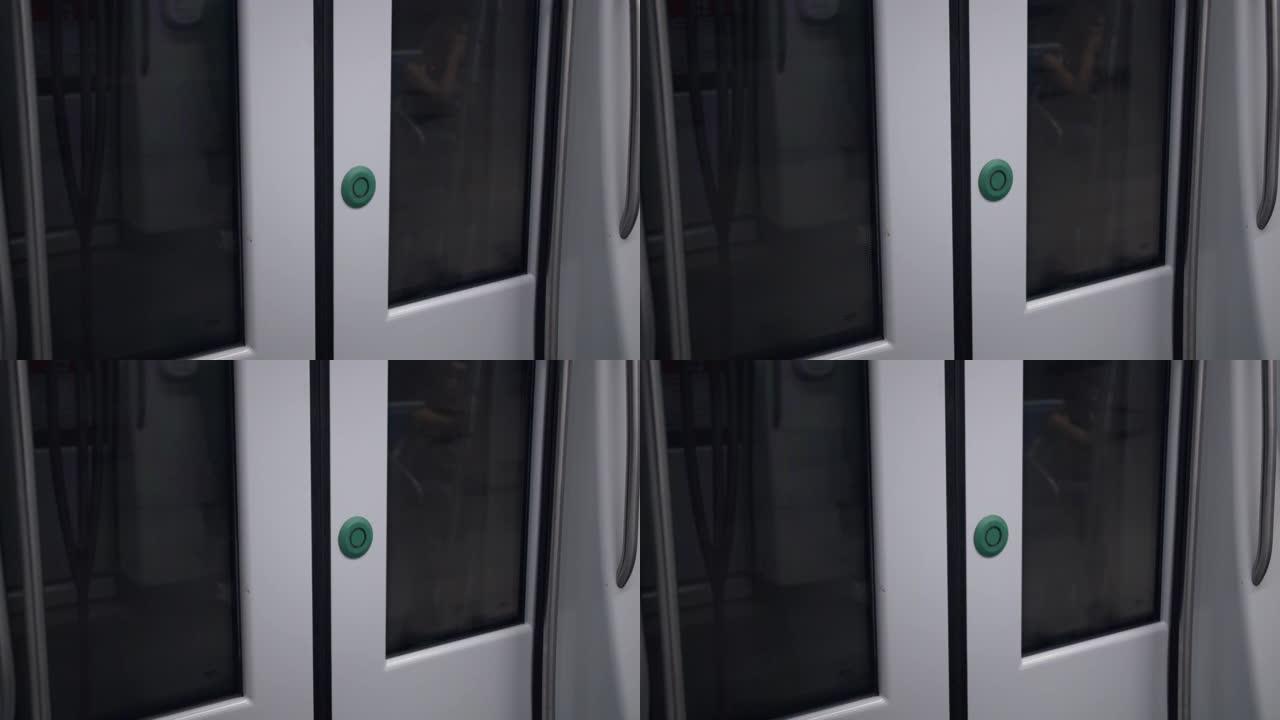 巴塞罗那地铁车门的内部视图。从内部关闭地铁车厢运动的视频