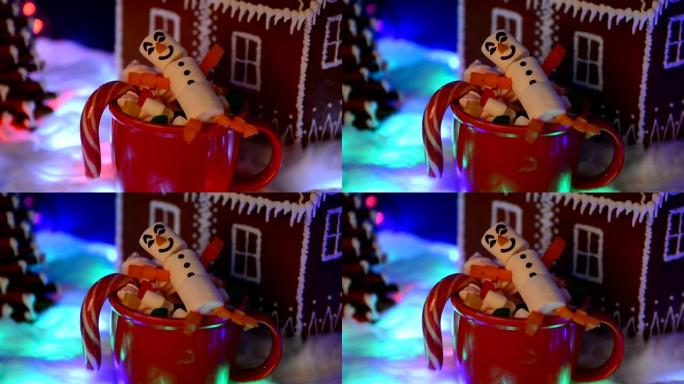 mag中的快乐棉花糖雪人，手工制作的可食用姜饼屋，雪装饰，花环雪和背景照明
