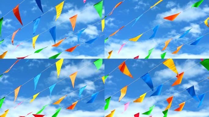 彩色三角旗线在蓝天白云上随风移动1