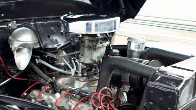 经典美国福特水星八号引擎盖下的慢动作旧车发动机