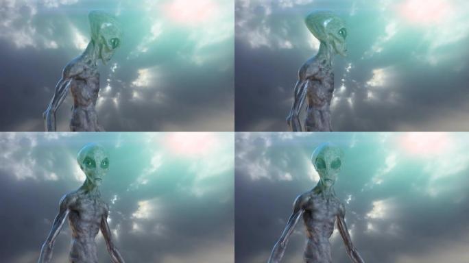 黑暗背景上的灰色外星人。3d渲染