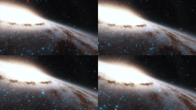 4k动画。宇宙飞船以光速飞过太空中的一个星系。银河系中的数十亿颗恒星。美丽的星星簇