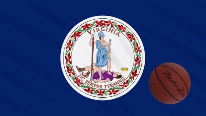 弗吉尼亚旗帜飘扬，篮球旋转，循环