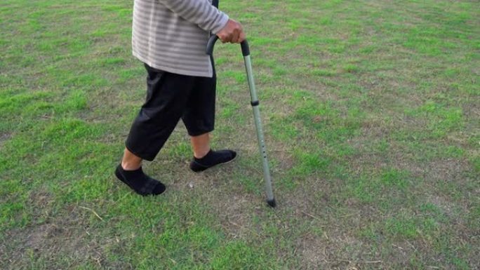 高级女子腿在草地上用手杖走路