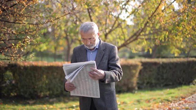 老人在公园看报纸。秋天的黄树背景