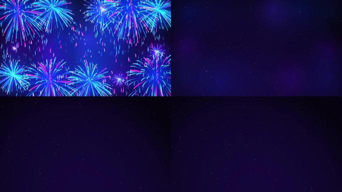 明亮的烟花在夜空中点缀着星星。在深蓝色背景上的五颜六色的烟花。动画背景，无缝循环。美丽喜庆的天空为明