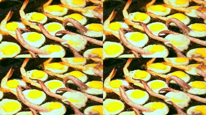 小贩用鱿鱼触角烹饪煎鹌鹑蛋的慢动作