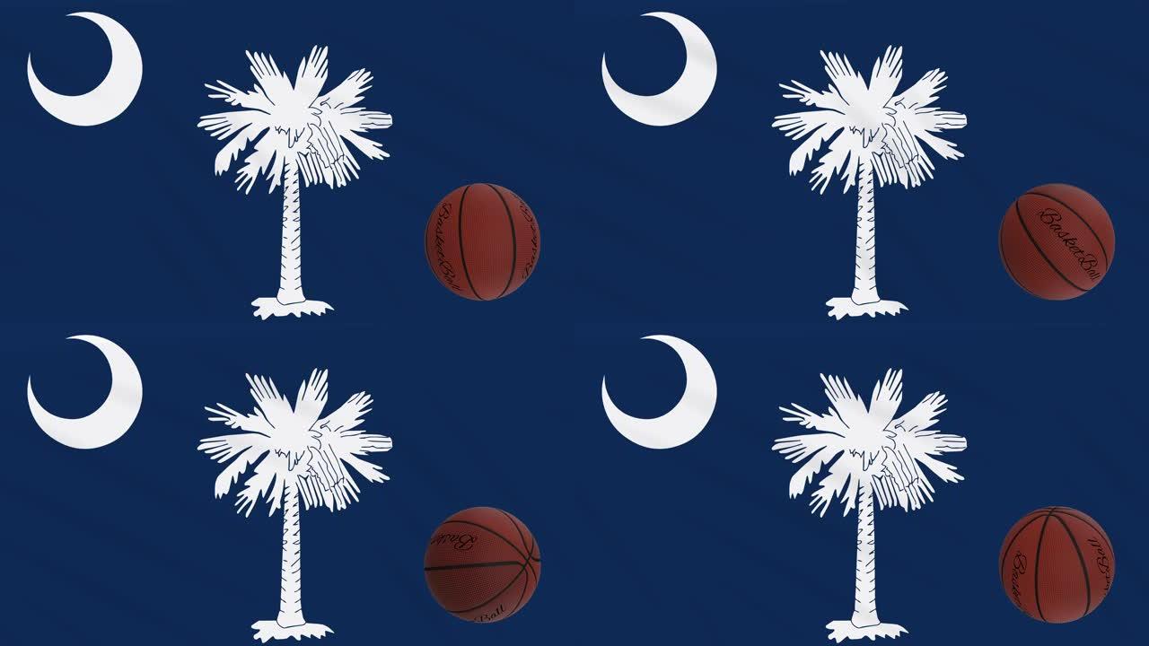 南卡罗来纳州的旗帜挥舞和篮球旋转，循环
