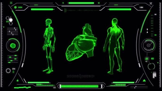 人体心脏扫描。具有HUD和信息图表元素的未来医学用户界面。虚拟技术背景。用于商业，游戏，运动设计，w