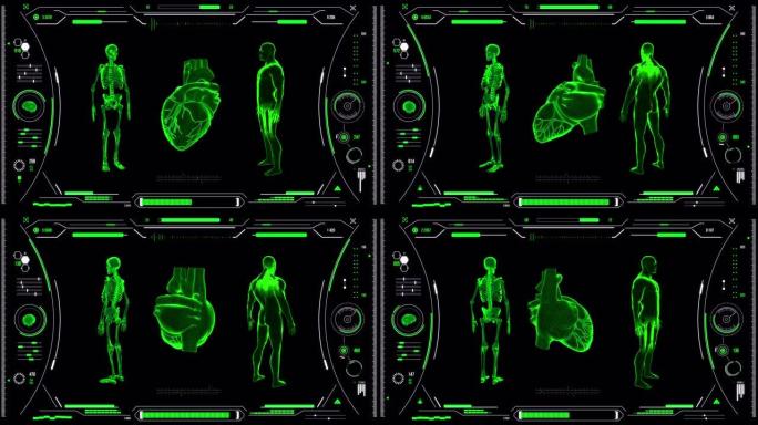 人体心脏扫描。具有HUD和信息图表元素的未来医学用户界面。虚拟技术背景。用于商业，游戏，运动设计，w