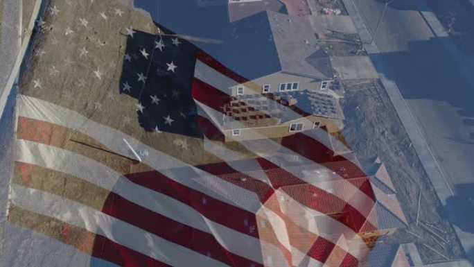 4k挥舞着美国国旗，无人机鸟瞰新家建筑工地背景