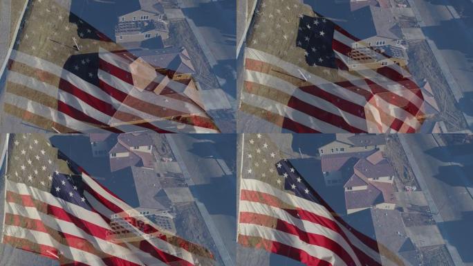 4k挥舞着美国国旗，无人机鸟瞰新家建筑工地背景