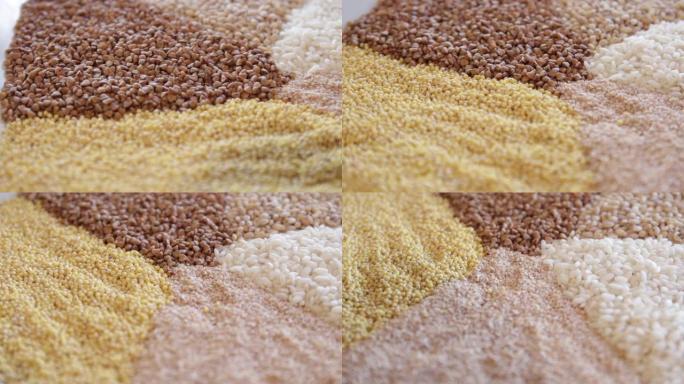 几种谷物放在一个盘子里。荞麦，大米，小米，大麦，藜麦。特写。