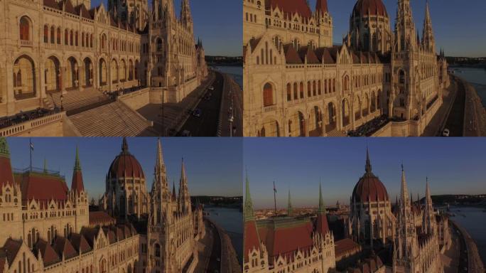 无人机视频。布达佩斯的匈牙利议会大厦。日落。鸟瞰图。4 k