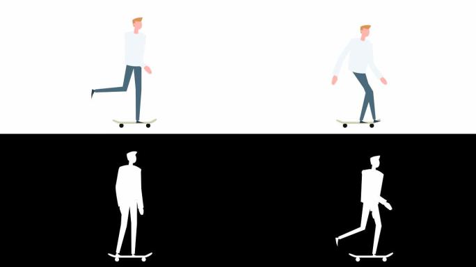 平面卡通七彩人物动画。男性滑板骑行情况