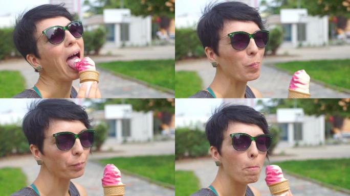 特写，女孩在夏日吃冰淇淋