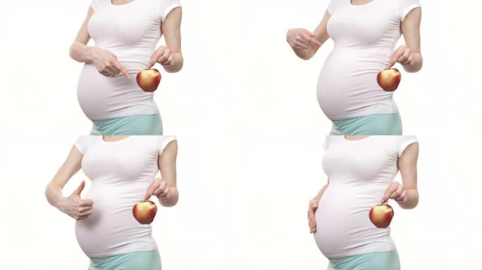孕妇在白色4K上拿着苹果水果
