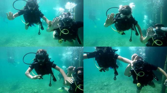 两个朋友第一次参加水肺潜水