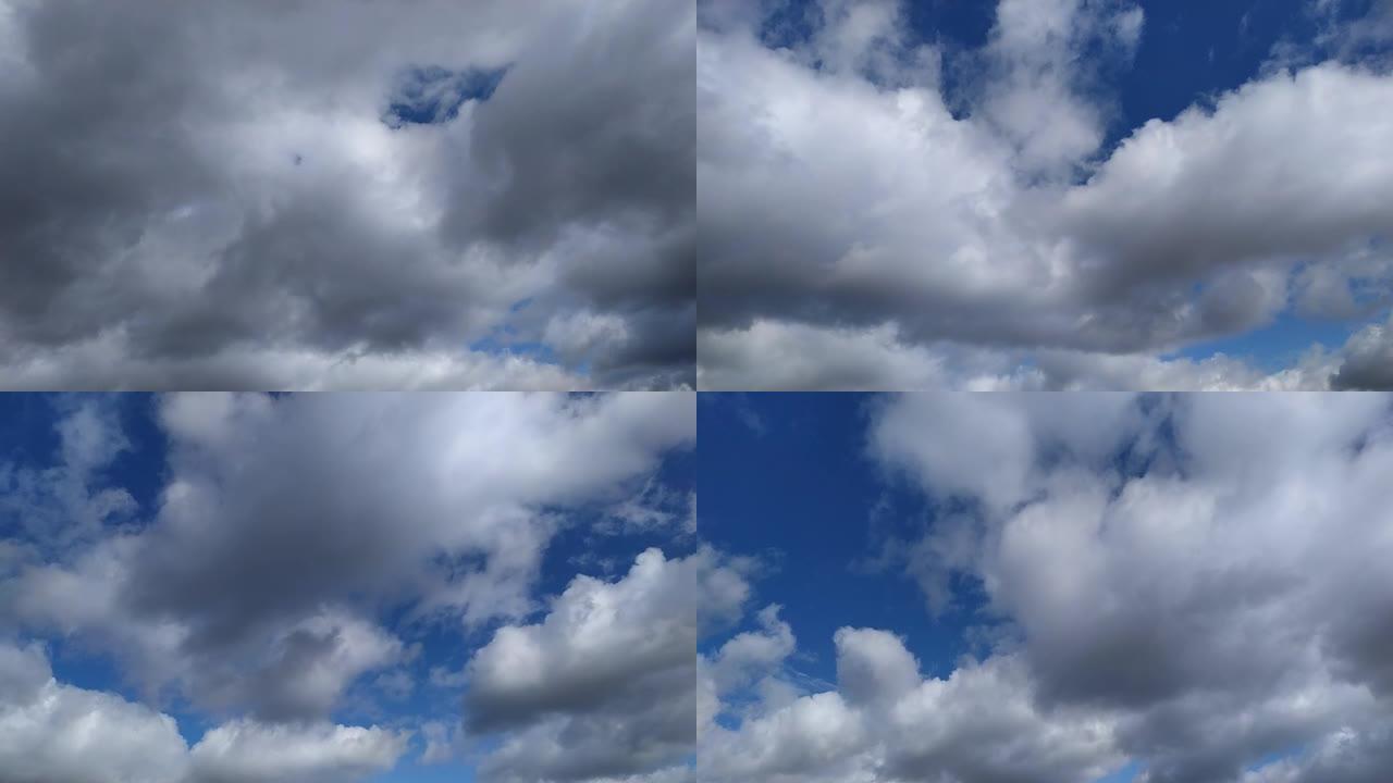云层在蓝天上空穿越，变化的云团在地球上空飞行