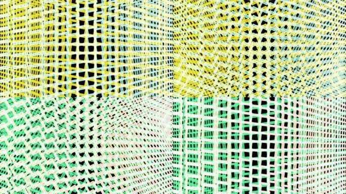 在黑色背景上旋转和改变颜色的行中的抽象小方形框架。动画。亮黄色，红色，绿色，蓝色网格的旋转方块，无缝