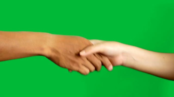4K.肤色不同的男人和女人握手商业交易协议孤立在色度键绿色屏幕背景