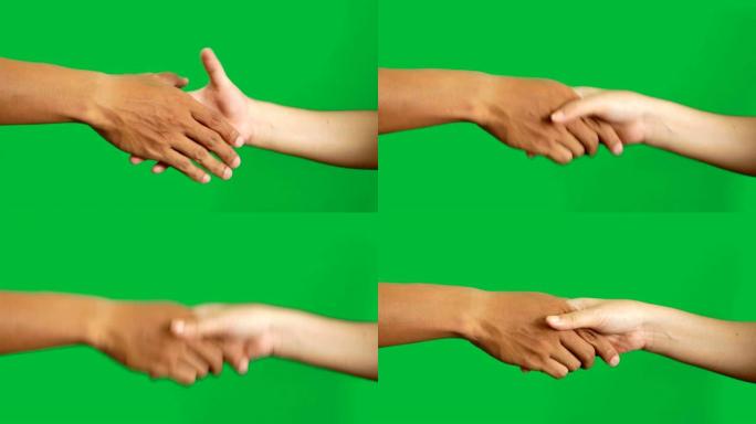 4K.肤色不同的男人和女人握手商业交易协议孤立在色度键绿色屏幕背景
