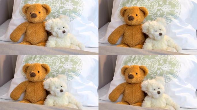 两只泰迪熊坐在房间的床上
