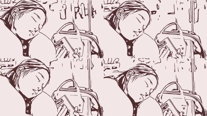 手绘，涂鸦风格，面部表情，小女孩在机场的旅程，等待和睡觉