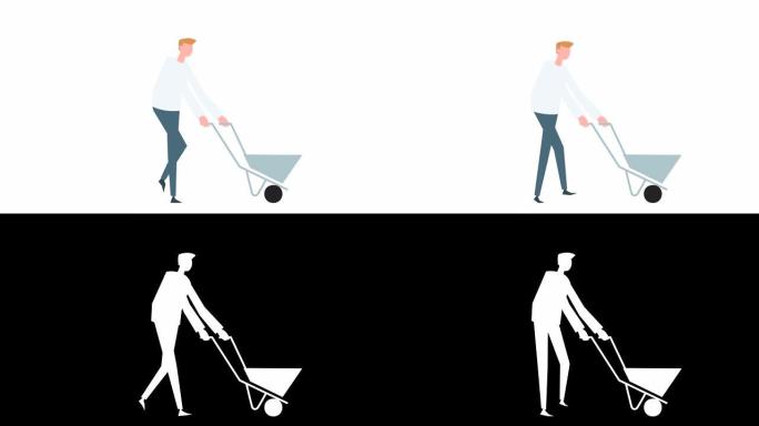 平面卡通七彩人物动画。空推车情况下的男性步行周期