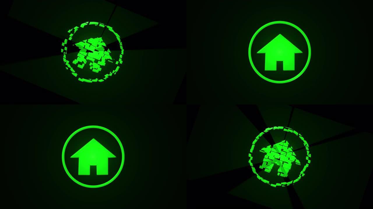 绿色家居符号动画飞溅和光线