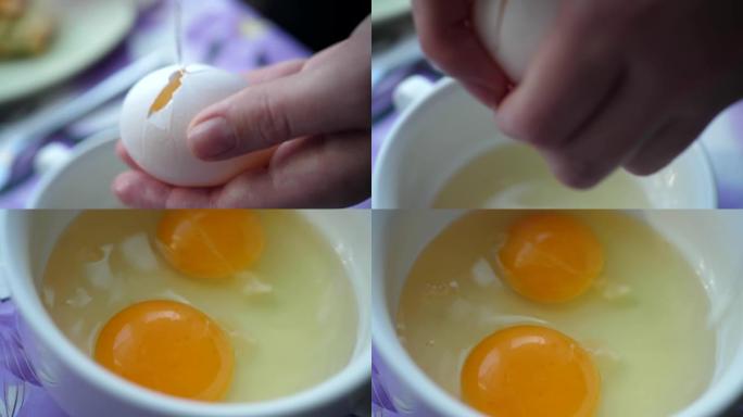 女人把鸡蛋打碎成白碗