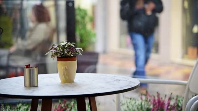 带有装饰植物和散焦的人在背景上行走的Caffeteria桌子。