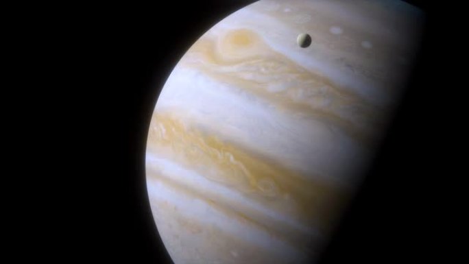 大型气体行星木星背景上的冰月木卫二。木星上的大红斑。木星的电影动画