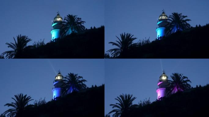 夜晚的老埃尔法罗灯塔。卡莱拉旅游城市的象征。加泰罗尼亚。巴塞罗那。西班牙。4K
