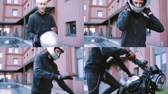 骑自行车的人在大城市里骑着他的凉爽而定制的摩托车