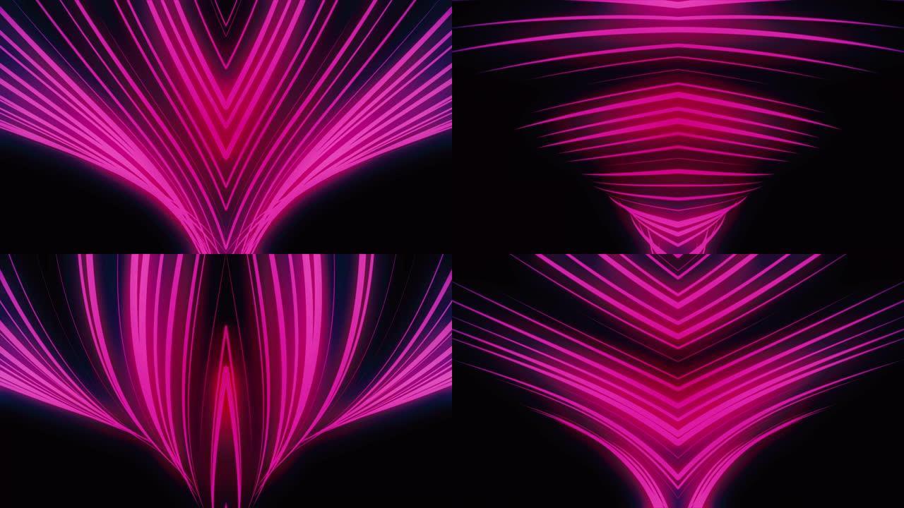 旋转由明亮的粉红色窄霓虹灯线形成的抽象涡旋的侧视图，seamlessloop。动物。奇点，引力波和时