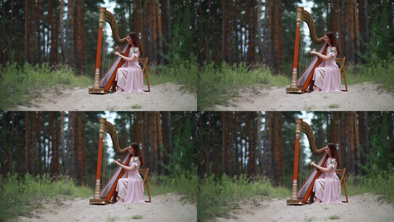 女竖琴手坐在森林里弹奏竖琴。