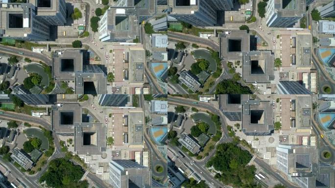香港的住宅区。屋顶的抽象空中无人机镜头