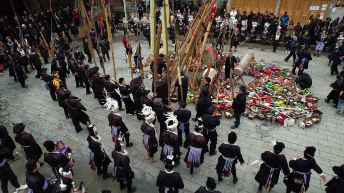 贵州反排村农历二月二敬桥节祭祀活动航拍