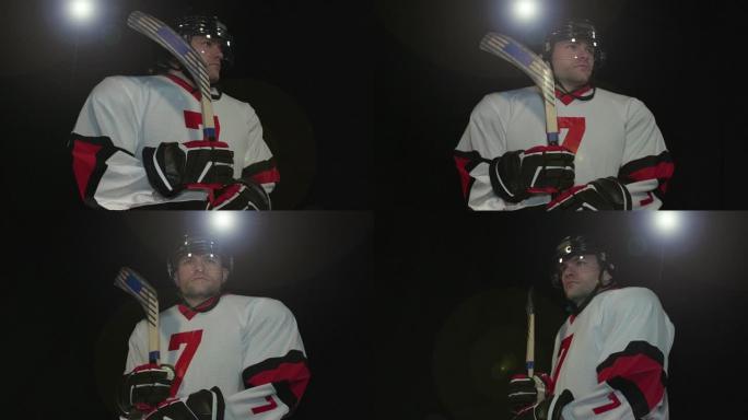 男子冰球运动员肖像姿势-超慢动作180度旋转