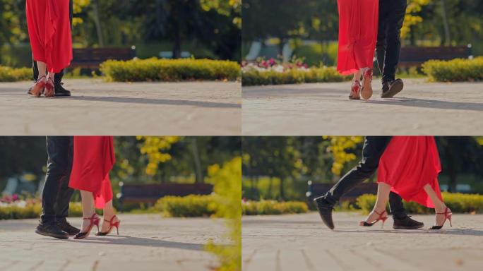 舞蹈中的同步步骤。穿高跟鞋的女人正在街上和一个男人跳舞。从下面看。特写。