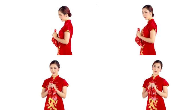 美丽的中国女人带着害羞的红色手帕