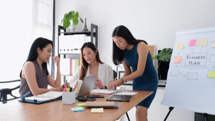 一群美丽的亚洲女性在办公室开会讨论或集思广益创业项目。赋权女性团队合作的概念。